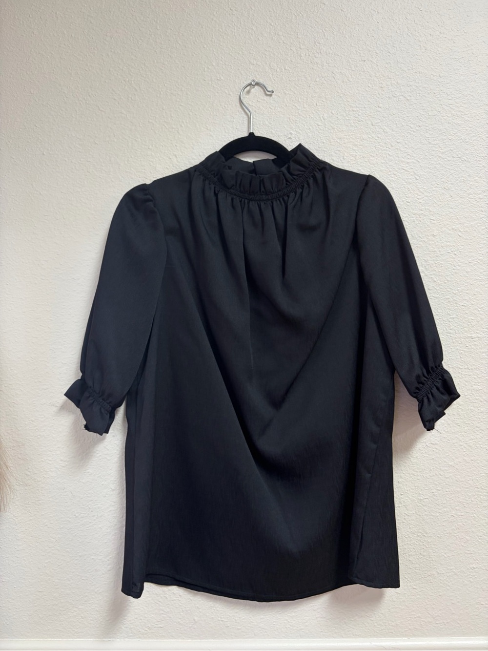 Smocked-Neck Black Blouse with Puff Sleeves